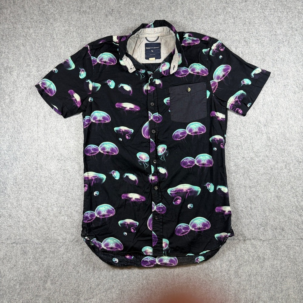 Modern Amusement Mens Jellyfish Print Button Up Shirt Small Black Neon Cotton